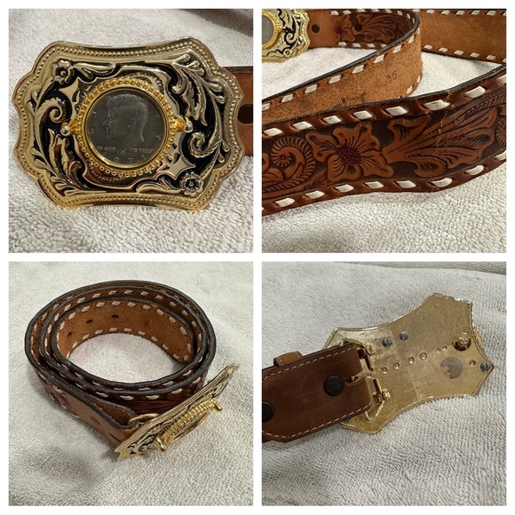 Vintage Kennedy half dollar buckle tan Wrangler leather belt tooled size 36 - Picture 2 of 13